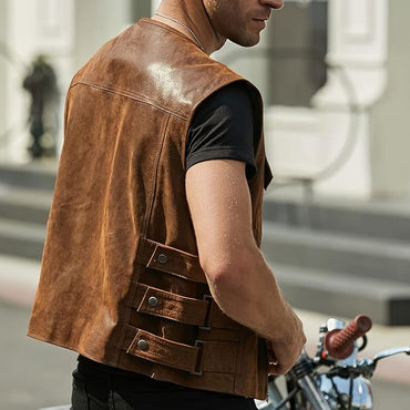 Vest Genuine Leather Round Neck Double Pocket Zipper
