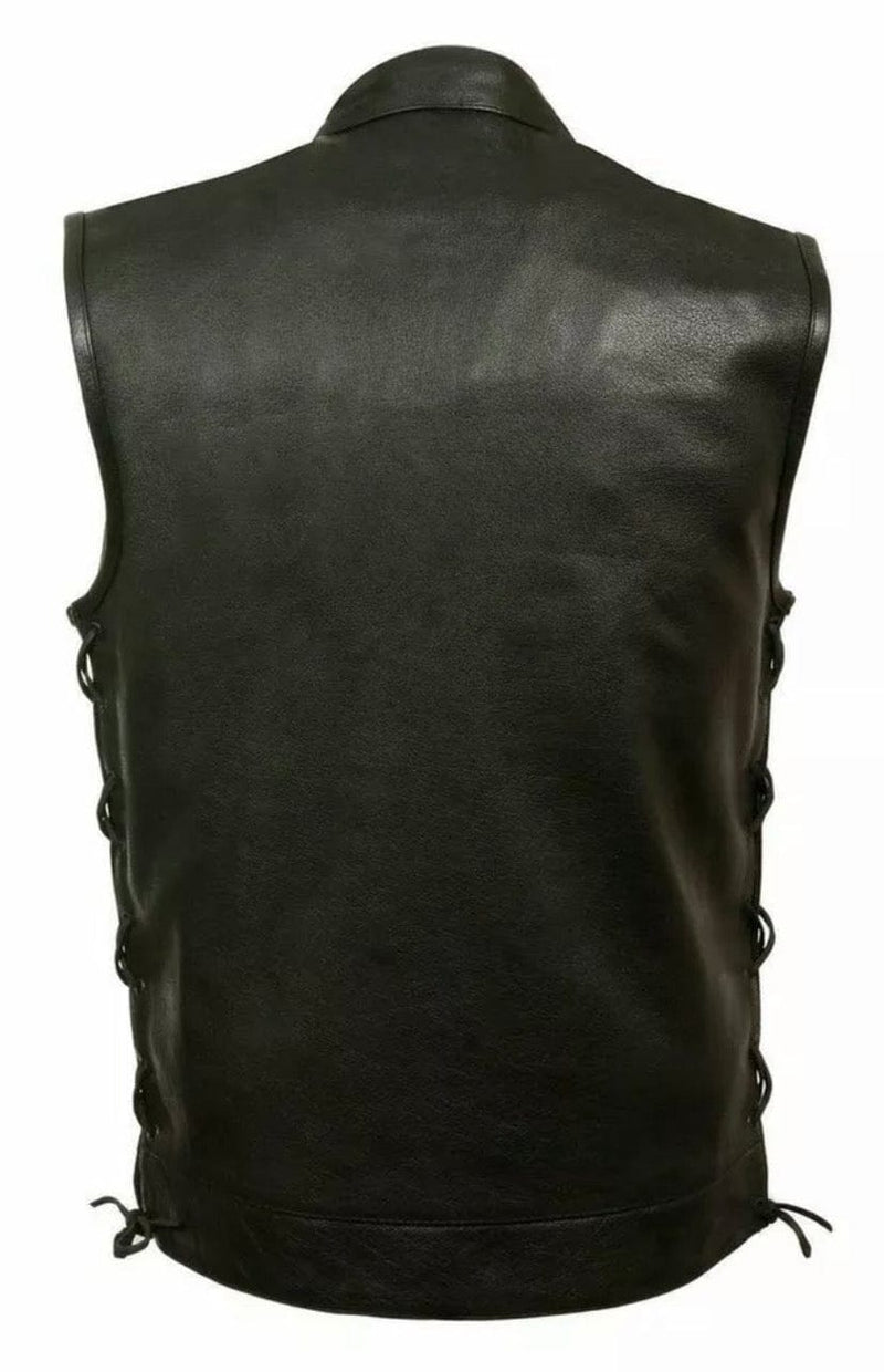 Vest Genuine Leather High Neck Double Pocket with stitching