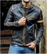 Jacket Genuine Leather Round Neck Double Pocket Zipper