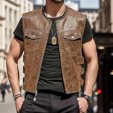 Vest Genuine Leather Round Neck Double Pocket Zipper