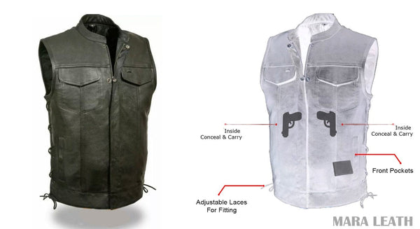 Vest Genuine Leather High Neck Double Pocket with stitching